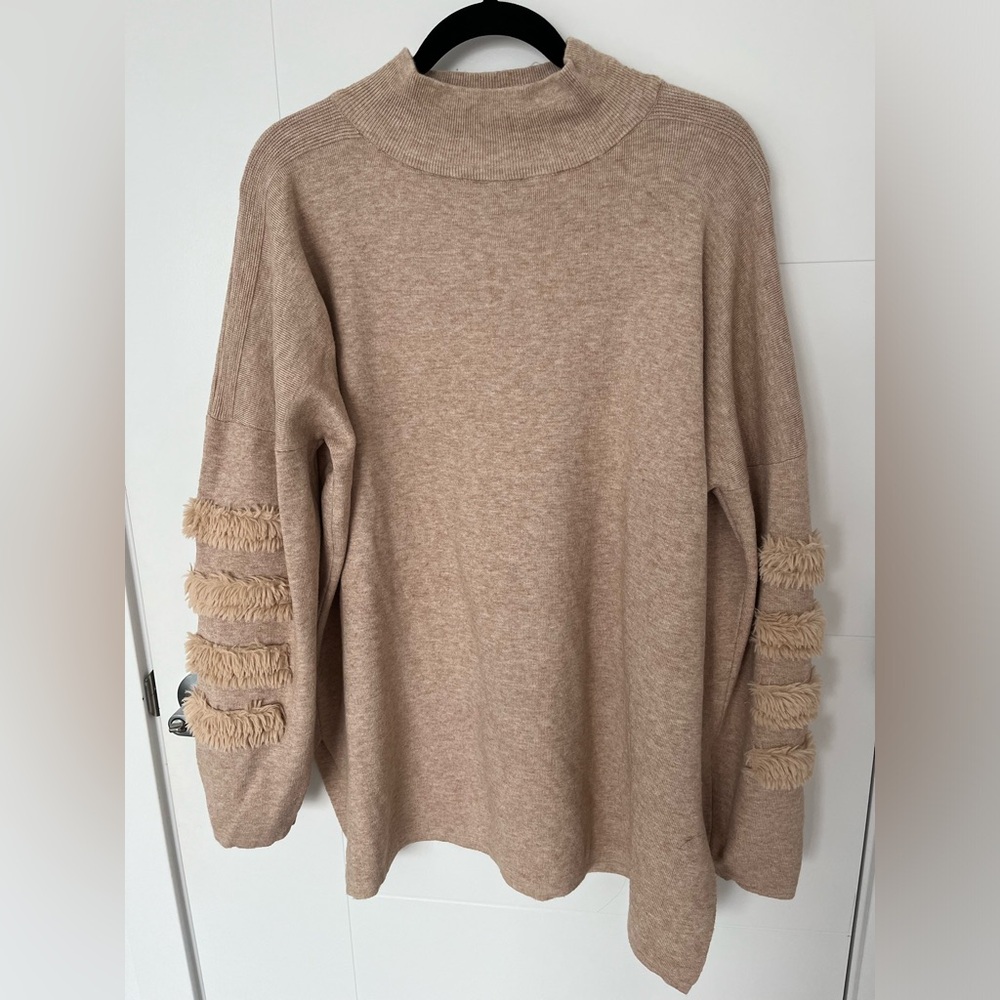 Cliché Oversized Knit Sweater Fringe Sleeve Mock Neck Beige Size M